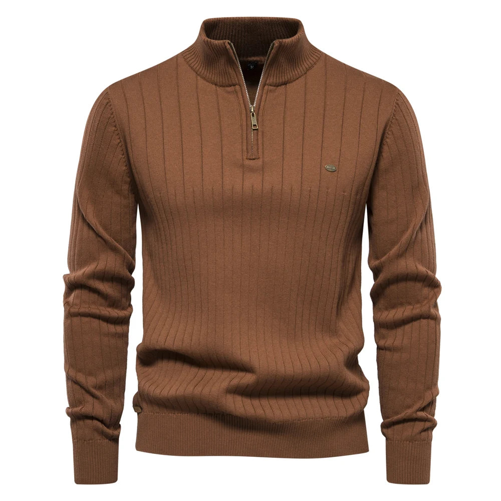 Men’s Half-Zip Sweater – Stand Collar, Cotton Knit, Winter Warmth