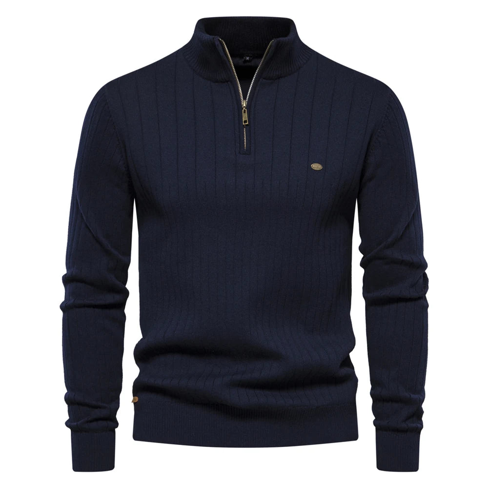Men’s Half-Zip Sweater – Stand Collar, Cotton Knit, Winter Warmth