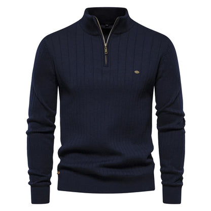 Men’s Half-Zip Sweater – Stand Collar, Cotton Knit, Winter Warmth
