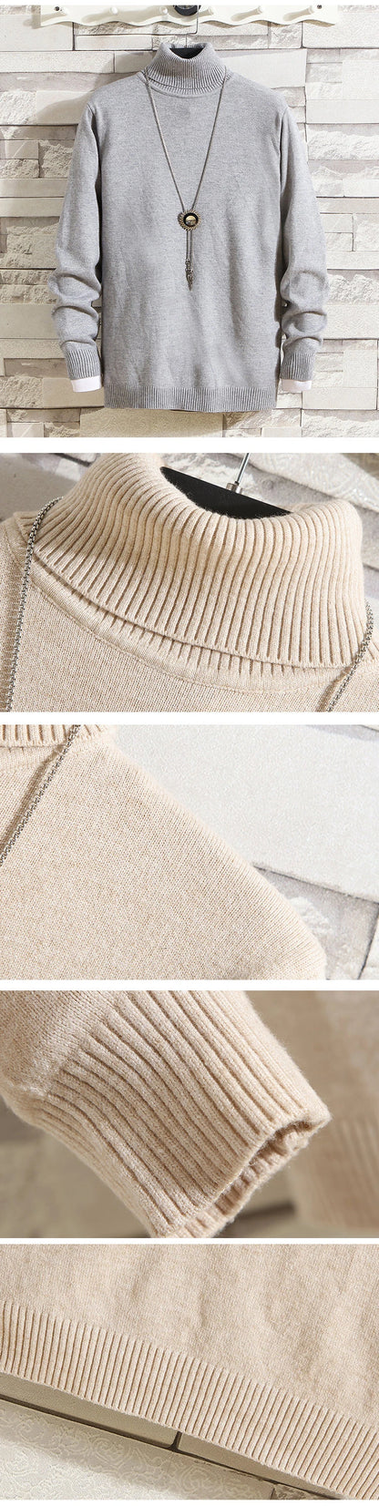 Men’s Knitted Turtleneck Sweater – Solid Color Casual Pullover