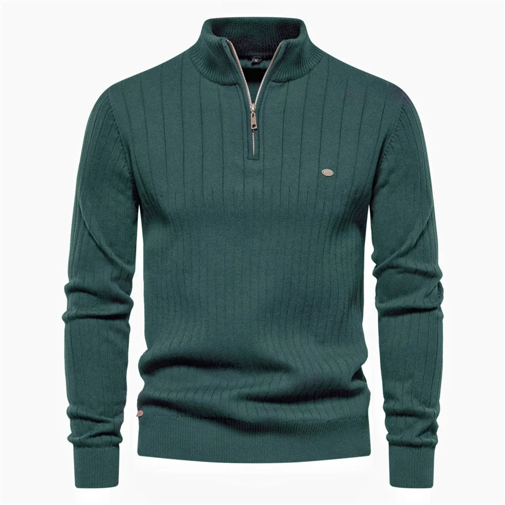 Men’s Half-Zip Sweater – Stand Collar, Cotton Knit, Winter Warmth