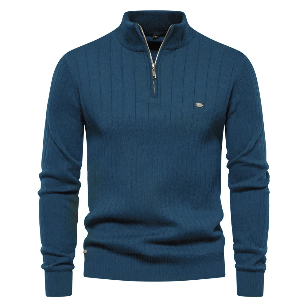 Men’s Half-Zip Sweater – Stand Collar, Cotton Knit, Winter Warmth