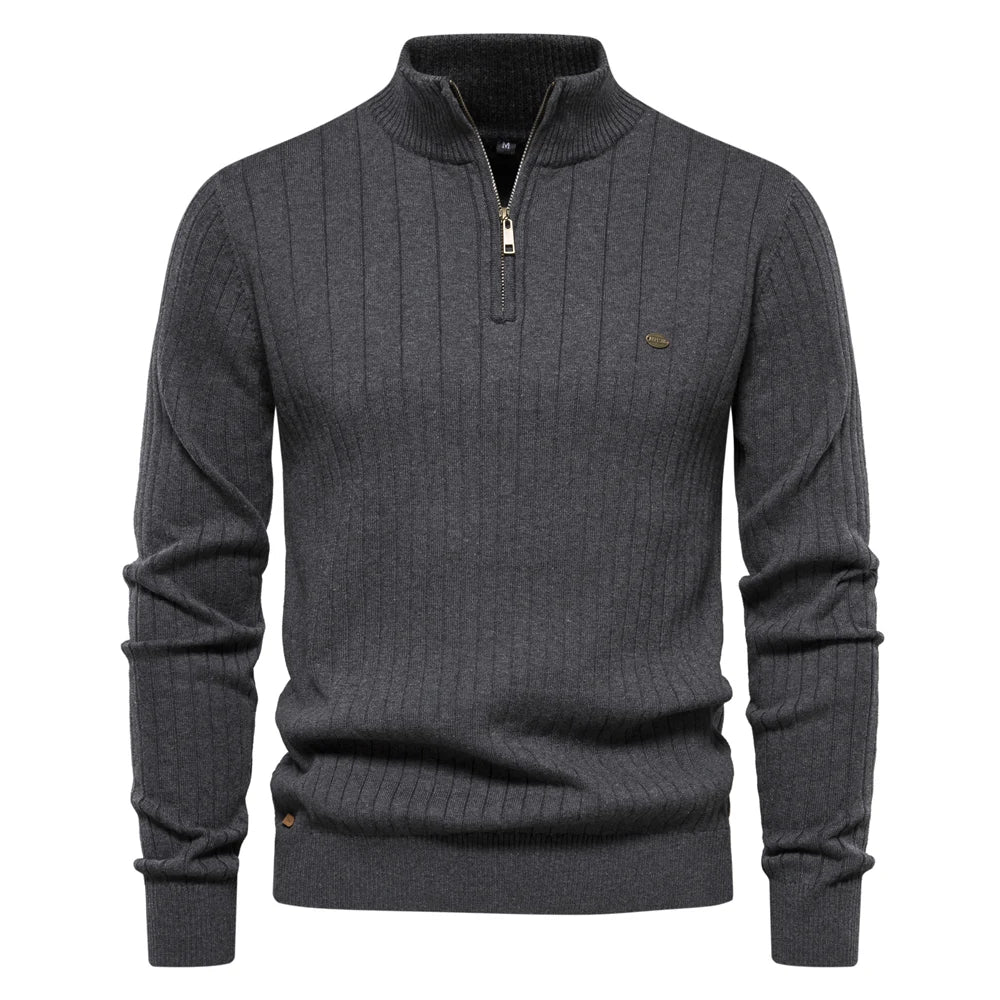 Men’s Half-Zip Sweater – Stand Collar, Cotton Knit, Winter Warmth