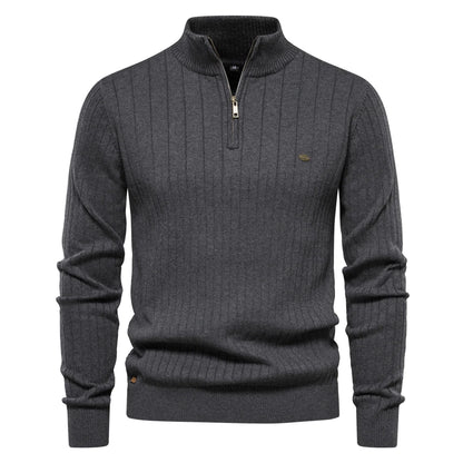 Men’s Half-Zip Sweater – Stand Collar, Cotton Knit, Winter Warmth