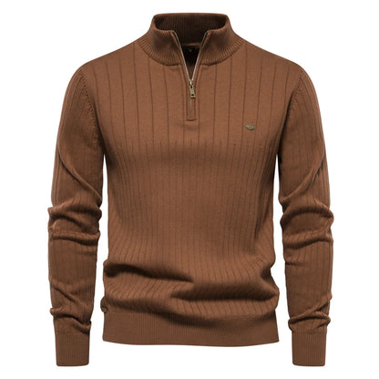 Men’s Half-Zip Sweater – Stand Collar, Cotton Knit, Winter Warmth