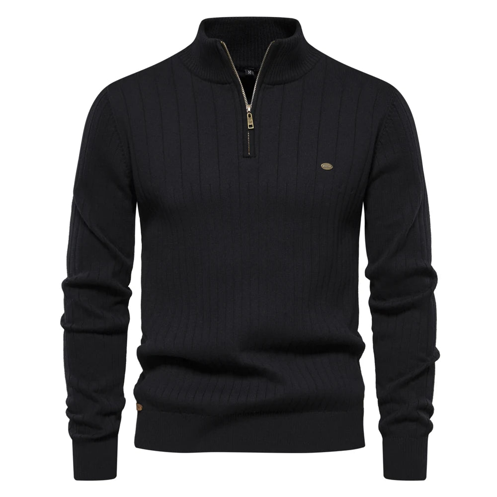 Men’s Half-Zip Sweater – Stand Collar, Cotton Knit, Winter Warmth