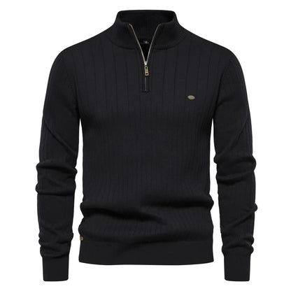 Men’s Half-Zip Sweater – Stand Collar, Cotton Knit, Winter Warmth