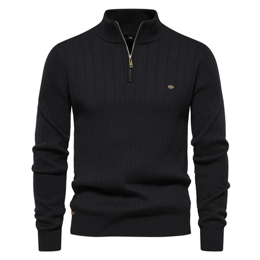 Men’s Half-Zip Sweater – Stand Collar, Cotton Knit, Winter Warmth