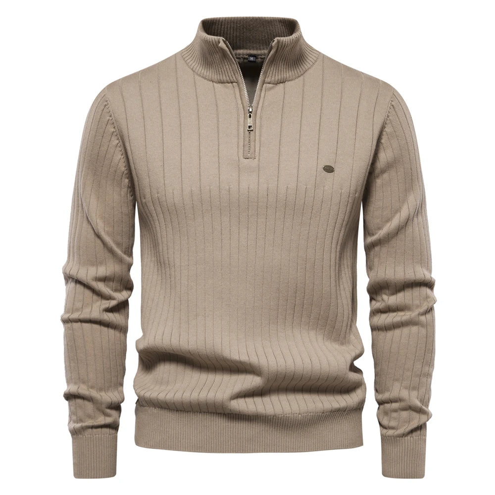 Men’s Half-Zip Sweater – Stand Collar, Cotton Knit, Winter Warmth