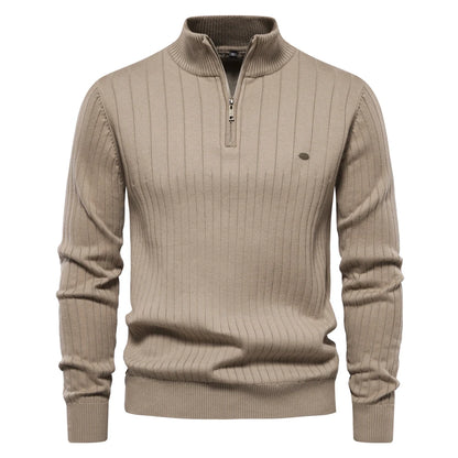 Men’s Half-Zip Sweater – Stand Collar, Cotton Knit, Winter Warmth